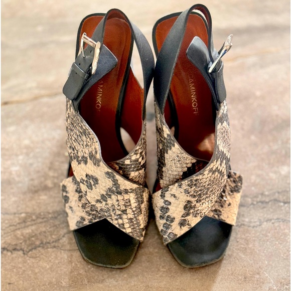 Rebecca Minkoff Snakeskin Sandals Stack Heel Leather Slingback Size 7.5  Black - Picture 1 of 2